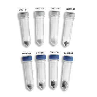 Set of clear test tubes with various labels on a white background for Benchmark Scientific D1036 BeadBug 6, Six Position Homogenizer