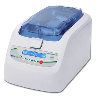 White and blue Benchmark Scientific D1036 BeadBug 6, Six Position Homogenizer with digital display on a white background