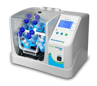 Benchmark Scientific H2020 Roto-Therm™ Incubated Rotator with Tube Holders with blue centrifuge tubes on a white background