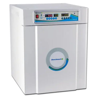 White Benchmark Scientific H3501 Incu-Shaker™ CO2 Mini with digital display and Benchmark logo on a white background