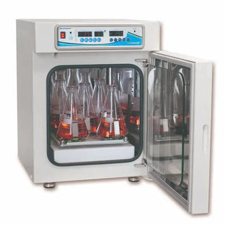Benchmark Scientific H3501 Incu-Shaker™ CO2 Mini with open door showing beakers inside