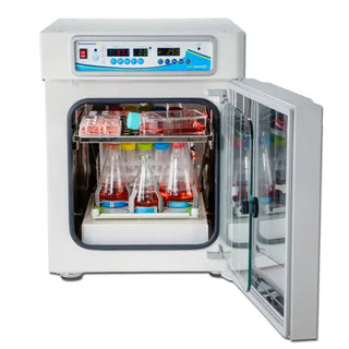 Benchmark Scientific H3501 Incu-Shaker™ CO2 Mini with open door showing test tubes inside