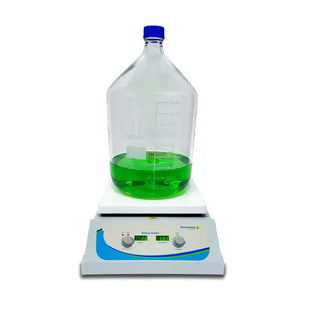 Benchmark Scientific H3715 HS-10 Plus™ Multi-Functional Hotplate Stirrer with a large container of green liquid on a white background