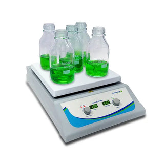 Benchmark Scientific H3715 HS-10 Plus™ Multi-Functional Hotplate Stirrer with bottles containing green liquid on a white background