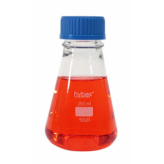 Benchmark Scientific Hybex™ Erlenmeyer Flask with GL45 Cap and red liquid in it.