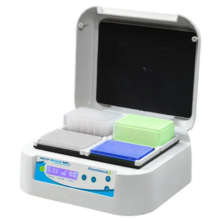 Benchmark Scientific Incu-mixer™ MP Heated Microplate Vortexer Series with digital display and sample containers on a white background
