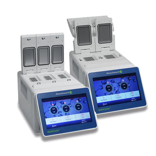 Two Benchmark Scientific MultiCycler Multi-block Thermal Cycler devices with digital displays on a white background