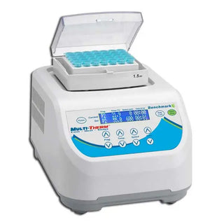 Benchmark Scientific MultiTherm Shaker with blue sample tubes on a white background
