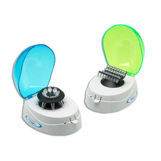 2 different colors of Benchmark Scientific MyFuge™ Mini Centrifuge with 2 Rotors on a white background
