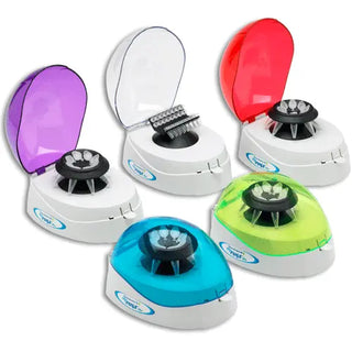 Sowing 5 different colors of Benchmark Scientific MyFuge™ Mini Centrifuge with 2 Rotors on a white background