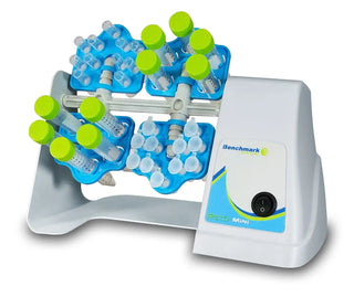 Benchmark Scientific R2020 RotoMini™ Tube Rotator, Fixed Speed with vials and a control panel labeled 'Benchmark', on a white background.