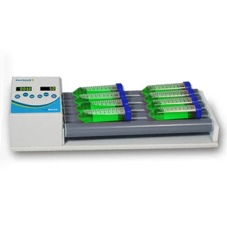 Benchmark Scientific R3005 TubeRoller with 5 Rollers with green test tubes on a white background
