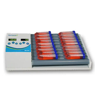 Benchmark Scientific R3010 TubeRoller with 10 Rollers with sample tubes and digital display on a white background