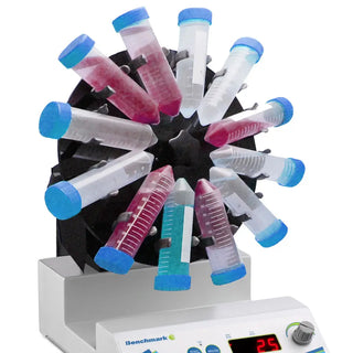 Benchmark Scientific R5010 Rotating Mixer with Rotisseries with test tubes on a white background