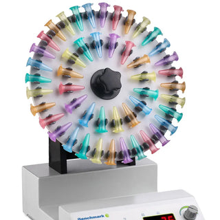 Benchmark Scientific R5010 Rotating Mixer with Colorful sample holder on a white background