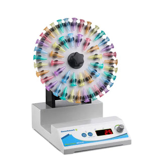 Benchmark Scientific R5010 Rotating Mixer with Multicolored pipette tip rack on a white background