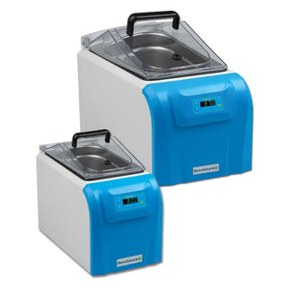 Two blue and white Benchmark Scientific myBath Series Digtal Water Baths on a white background