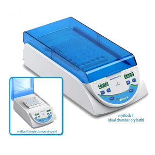 Blue and white Benchmark Scientific myBlock Series Dry Baths with digital display on a white background