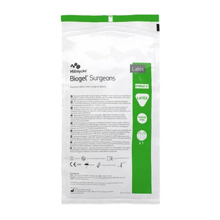 Package of  Biogel® 184860_CS Surgical Glove Surgeons, Size 6.5 ,Latex, Standard Cuff Length, Micro-Textured Straw gloves with green and white design.