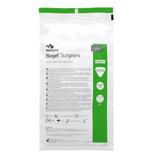 Package of Biogel® 184864_CS Surgical Glove Surgeons, Size 8.5 ,Latex, Standard Cuff Length, Micro-Textured Straw on a white background