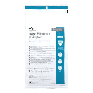 Biogel® PI Indicator Underglove™ 689032_CS ,Size 6.5 Sterile,Polyisoprene, Standard Cuff , Smooth Blue packaging on a white background