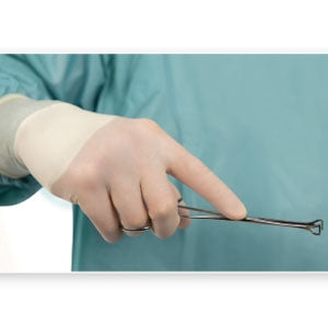 Hand holding surgical forceps with a Biogel® PI Micro 962934_BX, Surgical Glove, Size 7,Polyisoprene, Micro-Textured, Straw blurred background