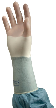Hand wearing  Biogel® PI UltraTouch™ 639047_BX Surgical Glove, Size 6, Polyisoprene, Standard Cuff, Opaque Beige with a blue coverall on a white background