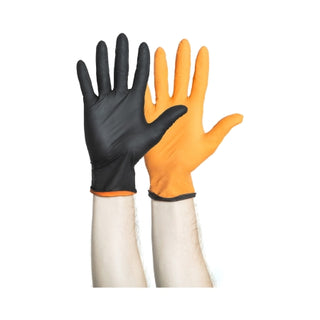 Black-Fire 1018793_CS, Nitrile Exam Glove, Medium, Standard Cuff Length, Black / Orange on a white background