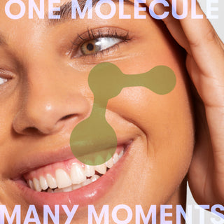 Close-up of a woman's face with a product application, text 'ONE MOLECULE MANY MOMENTS' above.