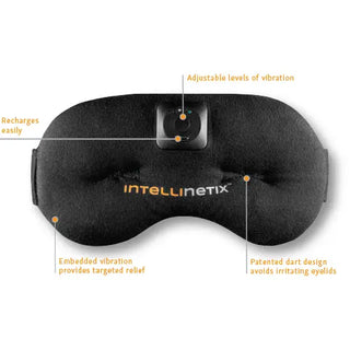 Black Intellinetix Therapy Eye Mask with embedded vibration module, adjustable head strap, breathable cotton fabric, and ergonomic eye contour with ergoBeads technology.