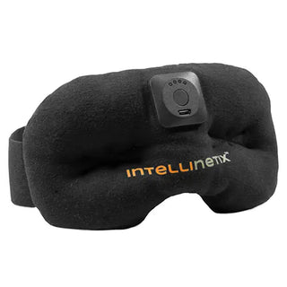 Black Intellinetix Therapy Eye Mask with embedded vibration module, adjustable head strap, breathable cotton fabric, and ergonomic eye contour with ergoBeads technology.