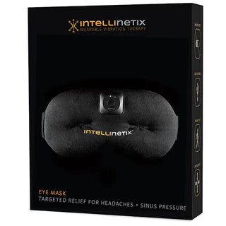 Black Intellinetix Therapy Eye Mask with embedded vibration module, adjustable head strap, breathable cotton fabric, and ergonomic eye contour with ergoBeads technology.
