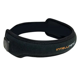 Black Intellinetix Headache Therapy Band with adjustable strap and integrated rechargeable vibration module for targeted forehead therapy.