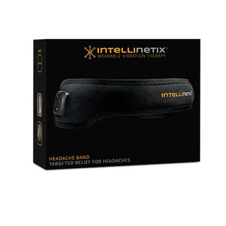 Black Intellinetix Headache Therapy Band with adjustable strap and integrated rechargeable vibration module for targeted forehead therapy.