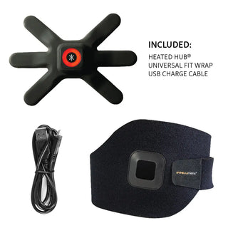 Black Intellinetix Heated Hub heat and vibration therapy device with multiple flexible vibration nodes designed for use with the Adjustable Universal Wrap.
