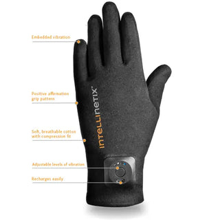 Black Intellinetix wearable vibration therapy gloves with rechargeable control module, breathable cotton fabric, and anti-slip grip pattern.