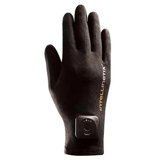 Black Intellinetix wearable vibration therapy gloves with rechargeable control module, breathable cotton fabric, and anti-slip grip pattern.