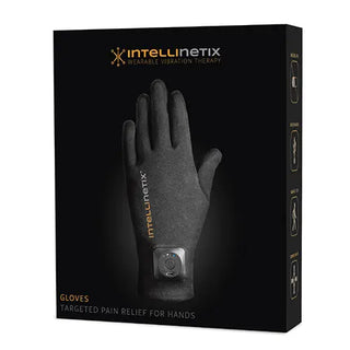 Black Intellinetix wearable vibration therapy gloves with rechargeable control module, breathable cotton fabric, and anti-slip grip pattern.