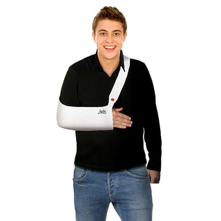 White Joslin ER Sling disposable stretch arm sling with an adjustable stretch strap, available in Child, Adult, and Triple XXX sizes for short-term arm support.