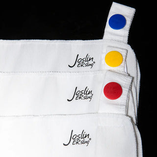 White Joslin ER Sling disposable stretch arm sling with an adjustable stretch strap, available in Child, Adult, and Triple XXX sizes for short-term arm support.