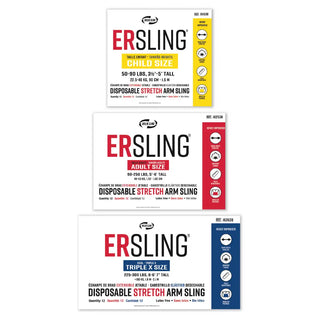 White Joslin ER Sling disposable stretch arm sling with an adjustable stretch strap, available in Child, Adult, and Triple XXX sizes for short-term arm support.