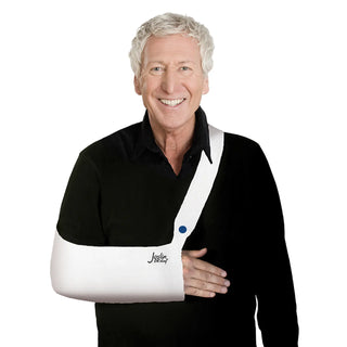White Joslin ER Sling disposable stretch arm sling with an adjustable stretch strap, available in Child, Adult, and Triple XXX sizes for short-term arm support.