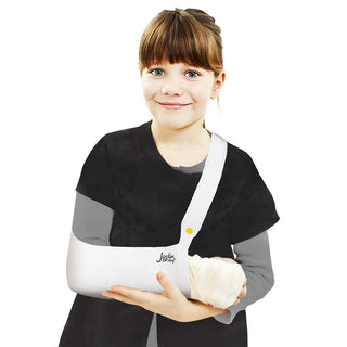 White Joslin ER Sling disposable stretch arm sling with an adjustable stretch strap, available in Child, Adult, and Triple XXX sizes for short-term arm support.