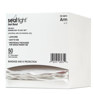 SEAL-TIGHT SealBand single-use dressing protectors for arm and leg with transparent moisture-resistant sleeves, individually packaged in boxes of 50 for protecting casts, PICC lines, IV sites, and surgical sites.