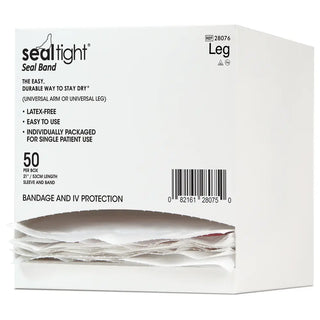 SEAL-TIGHT SealBand single-use dressing protectors for arm and leg with transparent moisture-resistant sleeves, individually packaged in boxes of 50 for protecting casts, PICC lines, IV sites, and surgical sites.