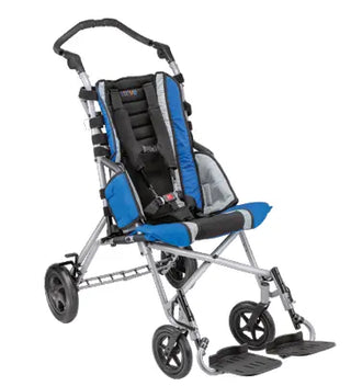 A compact CircleSpecialty-STZ1800 three-wheel manual wheelchair stroller with a blue and black padded seat, silver metal frame, and black wheels, shown on a plain white background.