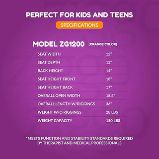 Product specifications for Circle Specialty ZG1200 Lightweight Folding Pediatric Wheelchair on a purple background
