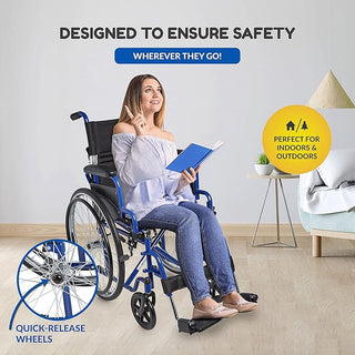 Woman using Circle Specialty ZG1600 Lightweight Folding Pediatric Wheelchair  indoors with text about safety and versatility.