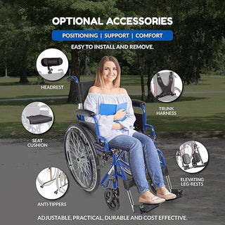 Woman in Circle Specialty ZG1600 Lightweight Folding Pediatric Wheelchair  with optional accessories displayed around her