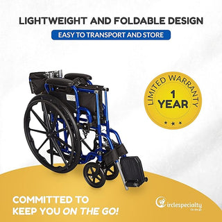 Circle Specialty ZG1600 Lightweight Folding Pediatric Wheelchair with text highlighting lightweight, foldable design, ease of transport, storage, and a one-year warranty.